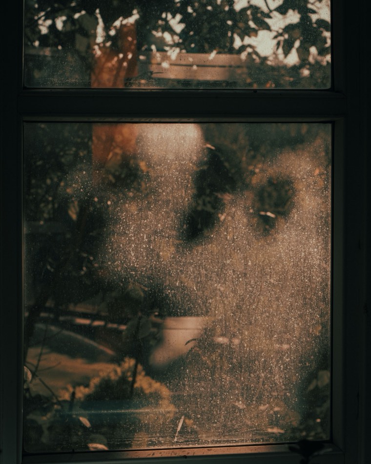 Fenêtre voilée de poussière et de pollen à contre-jour